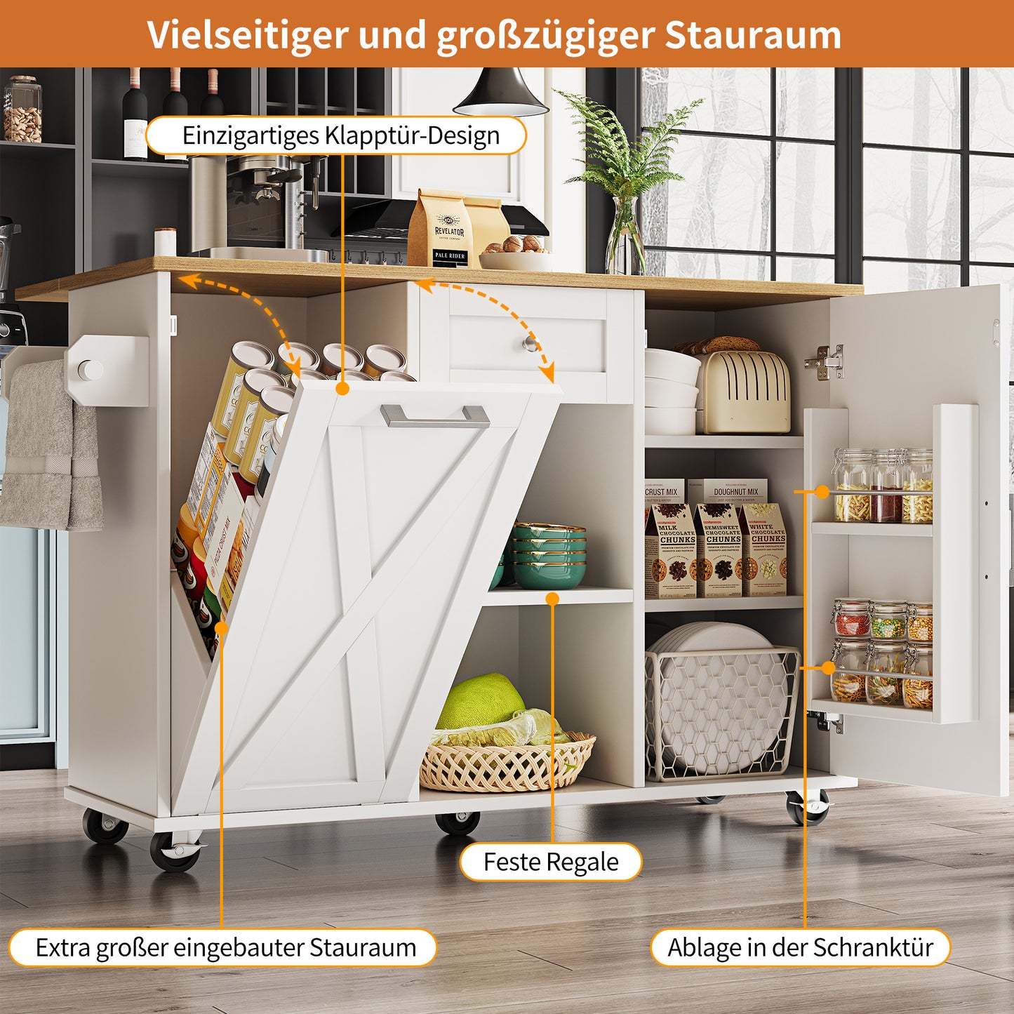 Keukeneiland – Keukentrolley – Keukenkast – Buffetkast – Serveerwagen – Inklapbaar Werkblad – Verstelbare Planken – MDF 3D Deuren – Metalen Handgrepen – Wit – 142×40/63×87 cm