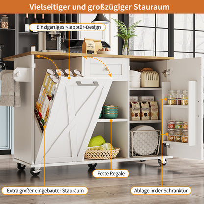 Keukeneiland – Keukentrolley – Keukenkast – Buffetkast – Serveerwagen – Inklapbaar Werkblad – Verstelbare Planken – MDF 3D Deuren – Metalen Handgrepen – Wit – 142×40/63×87 cm