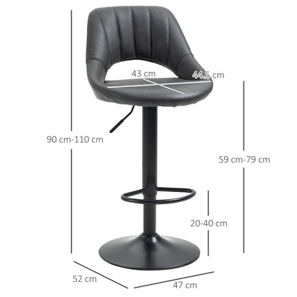 Barstoel – Barkruk – Barstoel Kruk – Keukenstoel – Barkrukken Set van 2 – Verstelbaar – 360° Draaibaar – Kunstleer – Met Voetensteun – Metaal – Grijs – Hoogte 90-110 cm