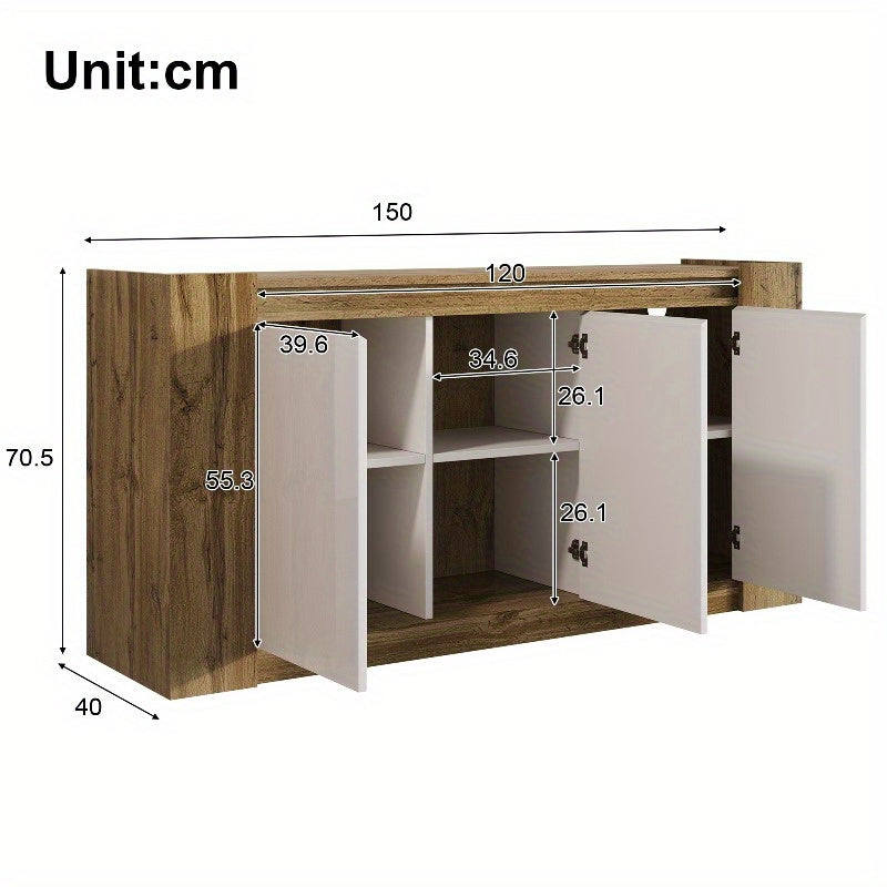 Sideboard – Dressoir – Opbergkast – Buffetkast – Kast Met Schuine Deuren – Softclose Scharnieren – Verstelbare Planken – Wit Met Houtlook – Duurzame Stalen Constructie