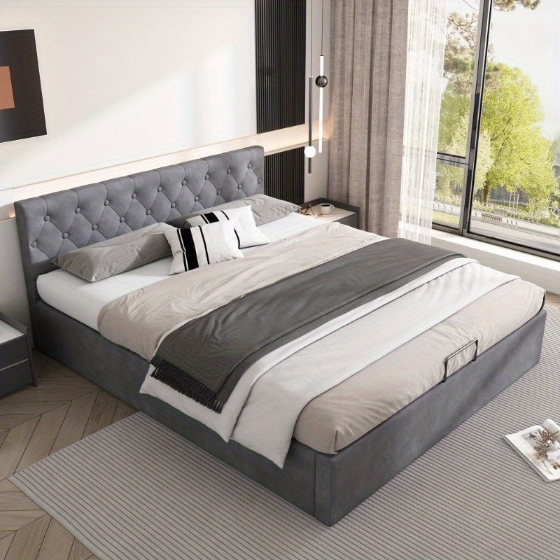 Bedframe – Tweepersoonsbed – Gestoffeerd Bed – Slaapbank – Opbergbed – Fluweel Grijs – 140x200 cm – Hydraulische Opbergruimte