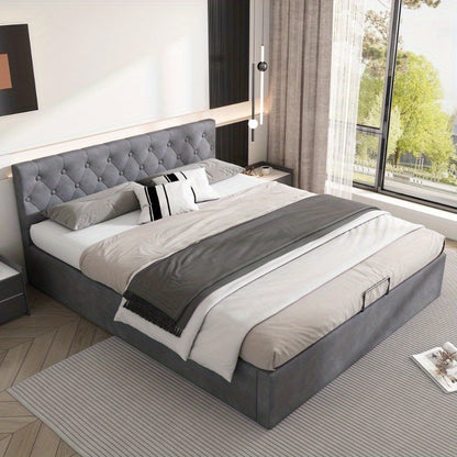 Bedframe – Tweepersoonsbed – Gestoffeerd Bed – Slaapbank – Opbergbed – Fluweel Grijs – 140x200 cm – Hydraulische Opbergruimte