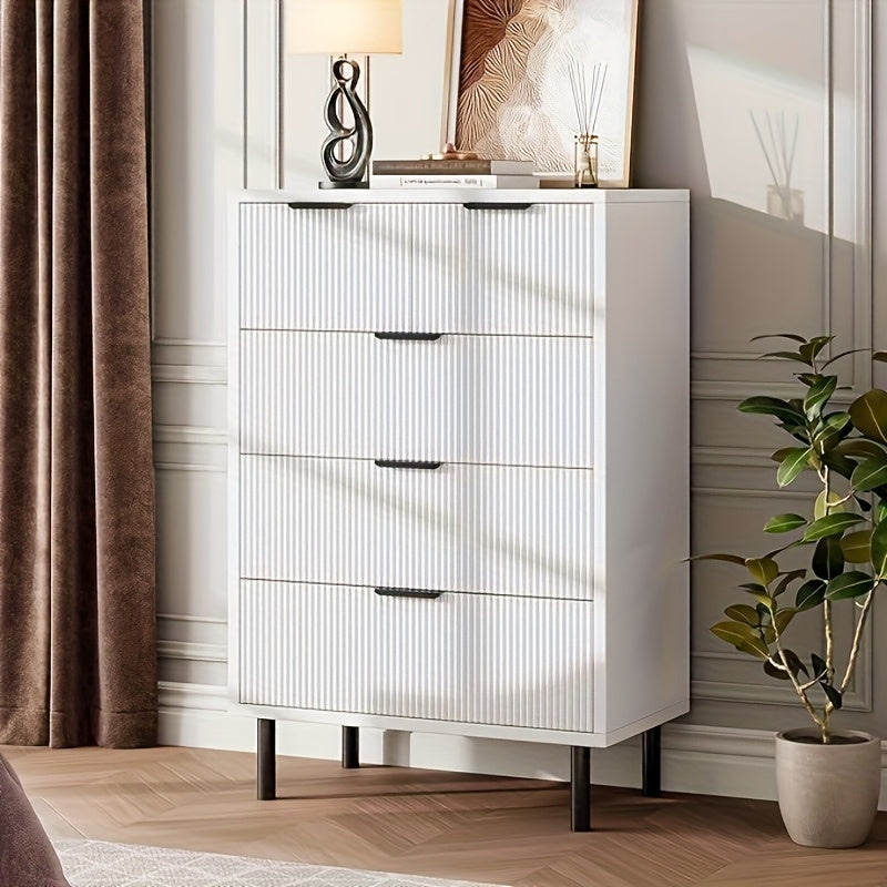 Wave Fluted 5-Drawer Dresser - Modern Wood Chest of Drawers with Wide Drawers, Anti-Tipping Device & Metal Legs, White & Black, 68.58cm Height, 3, 2 Cu Ft Storage, Perfect for Bedroom, Hallway, Entryway, Dresser for Bedroom,