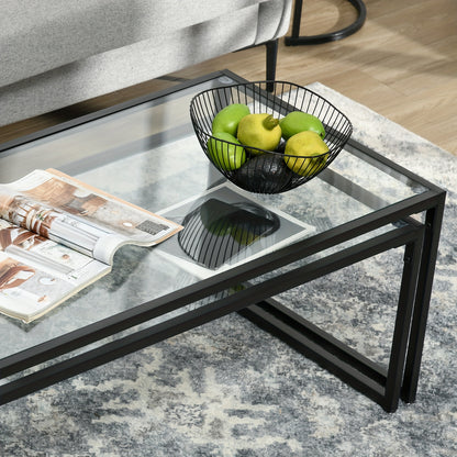 Salontafel Set – Bijzettafel – Glazen Tafel – Sofa Tafel – Woonkamertafel – Zwart Stalen Frame – Ruimtebesparend Design – Helder Glasblad