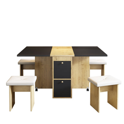 Uitschuifbare Eettafelset – Eetkamerset – Keukentafelset – Tafel Met Stoelen – Ruimtebesparend – Modern Landelijk Design – Wit Zwart Eikenhout – Compact En Multifunctioneel