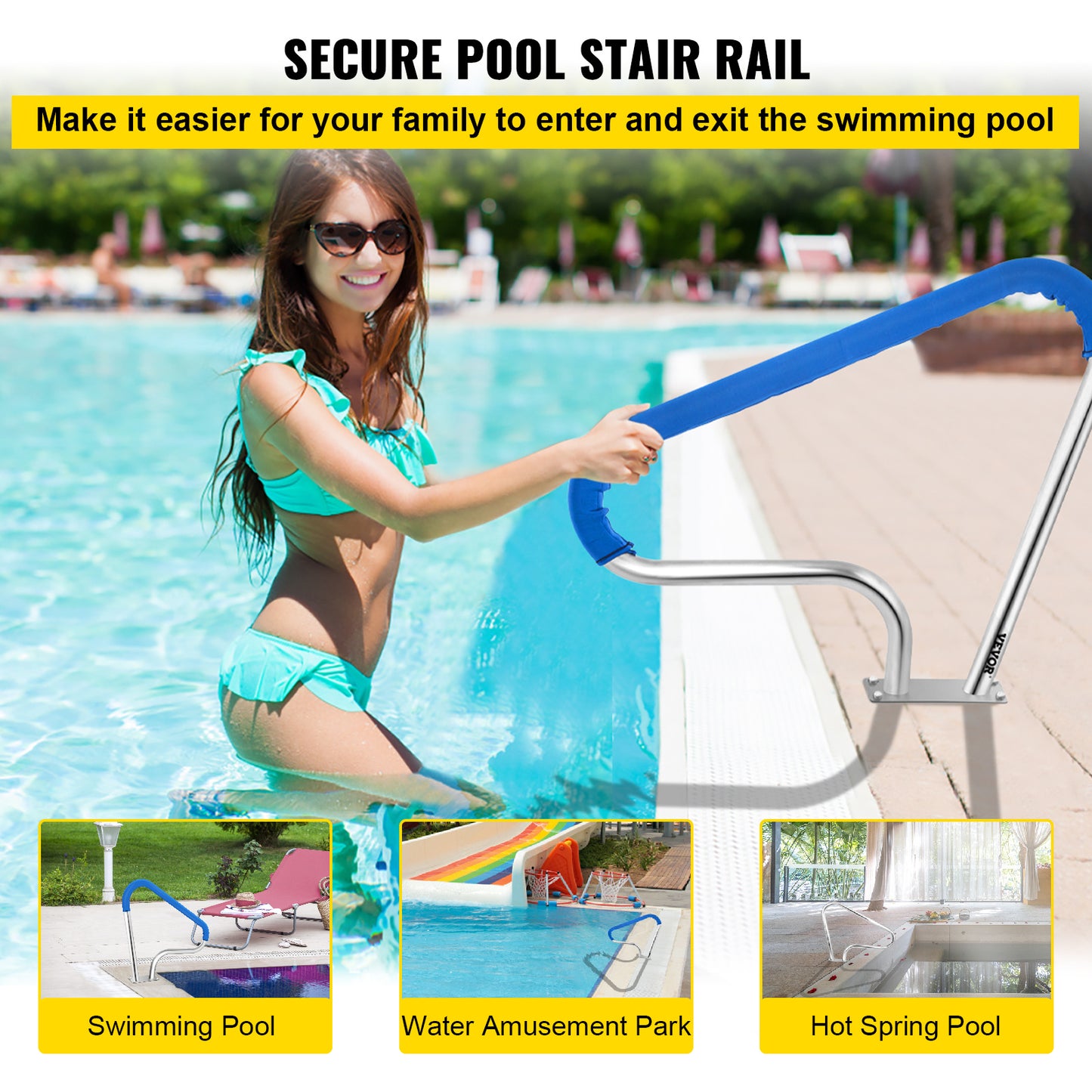 VEVOR Pool Rail 39x32" Pool Railing 304 Stainless Steel 250LBS Load Capacity Silver Rustproof Pool Handrail Humanized Swimming Pool Handrail with Blue Grip Cover & M8 Drill Bit & Self-taping Screws