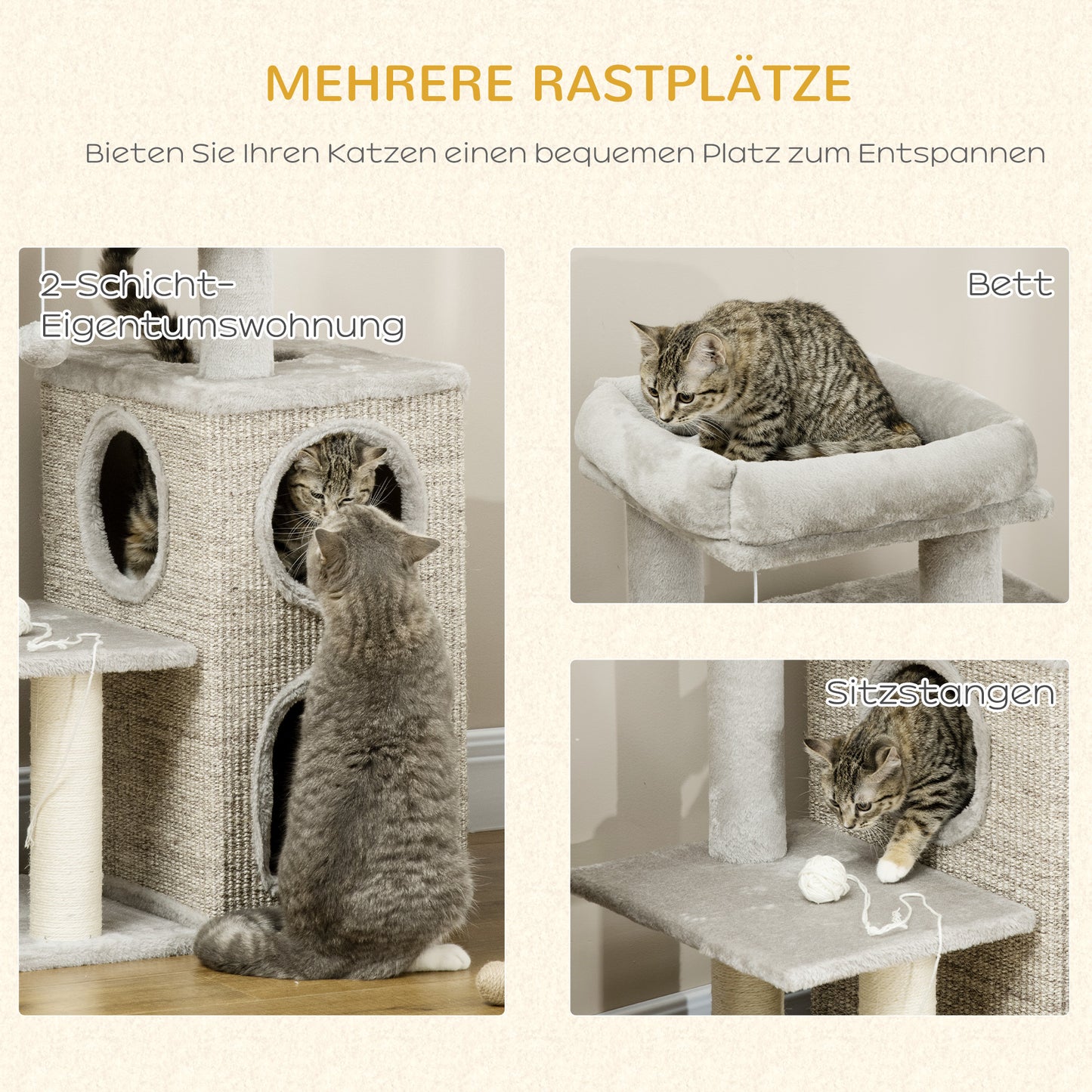 Krabpaal – Kattenkrabpaal – Kattenboom – Krabmeubel – Kattenhuis – Met Kattenhol En Speelbal – 91 cm Hoog – Lichtgrijs Met Natuurlijke Kleuren