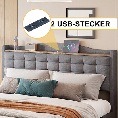 Ledikant 160x200 – Tweepersoonsbed – Bedframe – Opbergbed – Gestoffeerd Bed – Linnen Stof – Ingebouwde Oplaadpoort – 4 Laden Opbergruimte