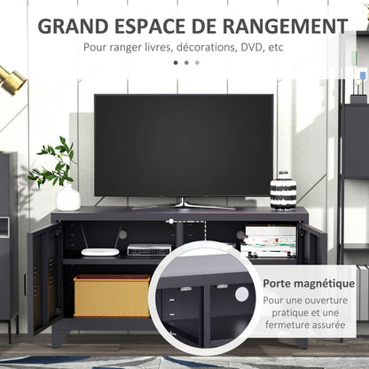 Industriële TV-kast – TV-meubel – TV-standaard – Tv-benk – Tv-dressoir – Zwart gepoedercoat staal – 2 kasten met verstelbare planken – Kabelbeheer en ventilatieroosters – 119 x 40 x 63,5 cm