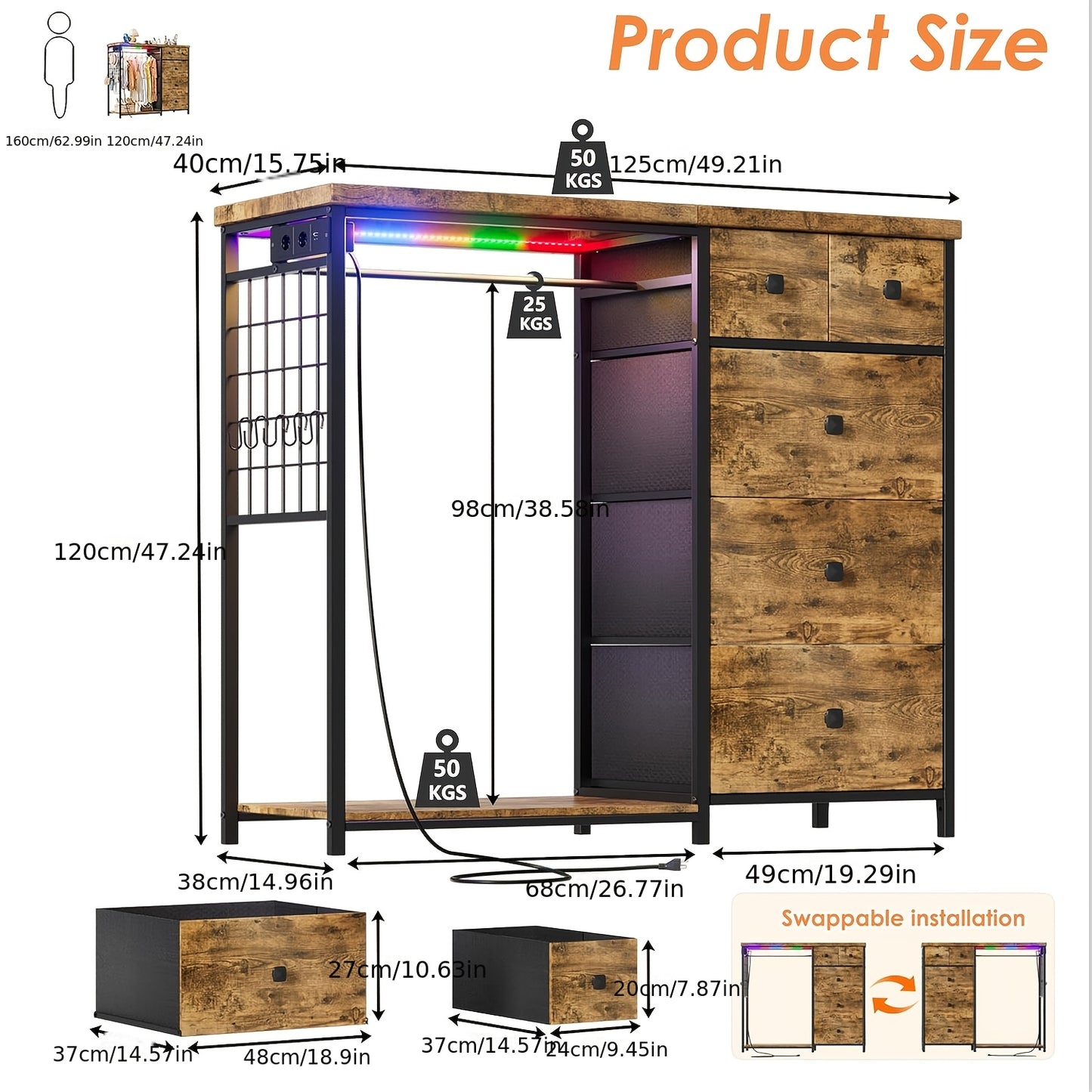 Kast Met Laden – Ladekast – Opbergkast – Dressoir – Kledingkast – Lichtbruin Met Houten Afwerking – Vijf Ruime Laden – Inclusief Hangers En Schoenrek