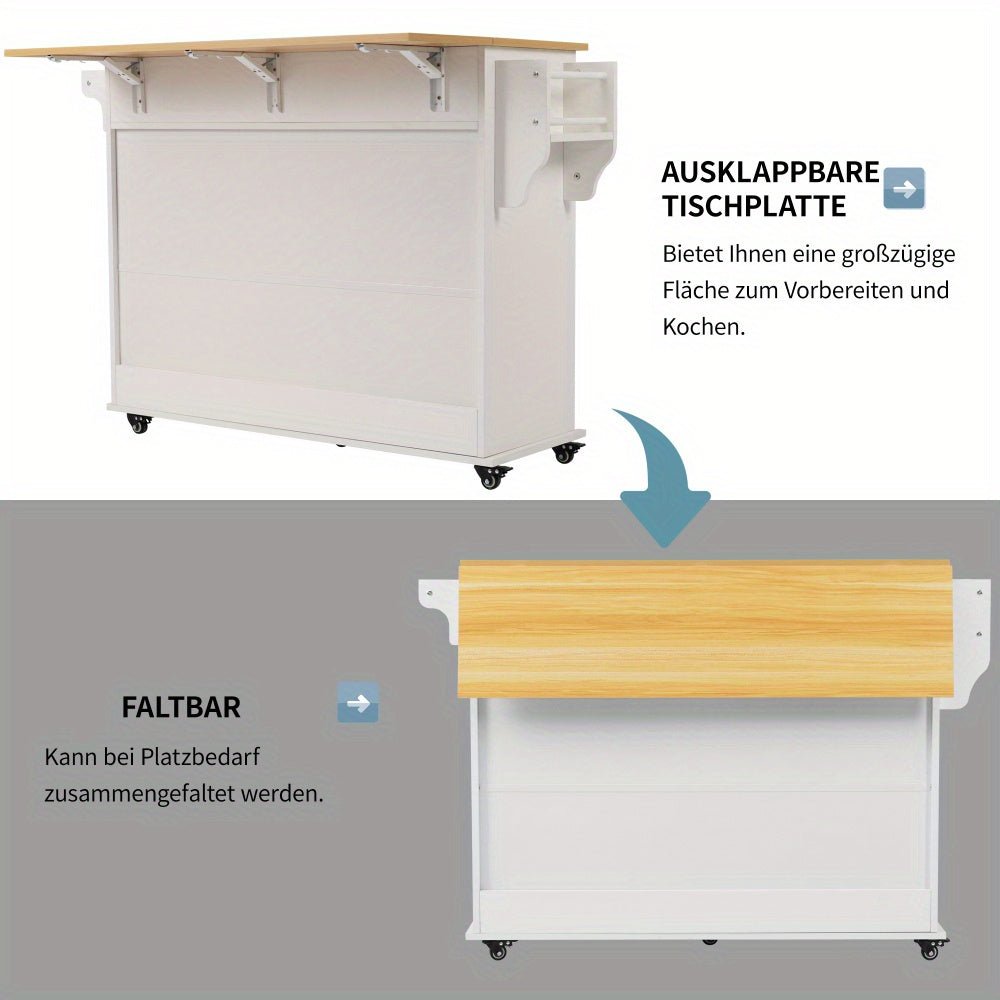 Keukenwagen – Keukentrolley – Serveerwagen – Bijzettafel – Opbergmeubel – Wit – Inklapbaar Werkblad – Zwenkwieltjes Met Houtlook Blad