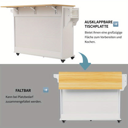 Keukenwagen – Keukentrolley – Serveerwagen – Bijzettafel – Opbergmeubel – Wit – Inklapbaar Werkblad – Zwenkwieltjes Met Houtlook Blad
