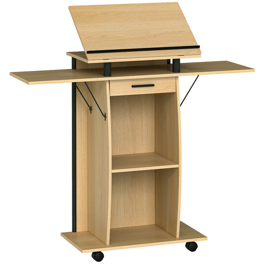 Mobiel Podium – Spreekgestoelte – Presenteertafel – Lecter – Werkplek – Eikenlook Afwerking – Inklapbare Zijpanelen – Lade en Opbergruimte