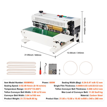 Bandsealer – Continue Sealmachine – Zaksealer – Doorlopende Sealapparaat – Automatische Sluitmachine – Koolstofstaal Behuizing – 600W Vermogen – Tel- en Printfunctie