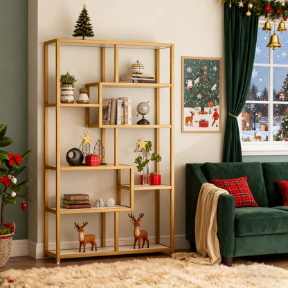 Boekenkast – Boekplank – Openkast – Vakkenkast – Wandrek – Wit Marmer/Goud – 8 Open Planken – Stevig Metalen Frame 180 cm