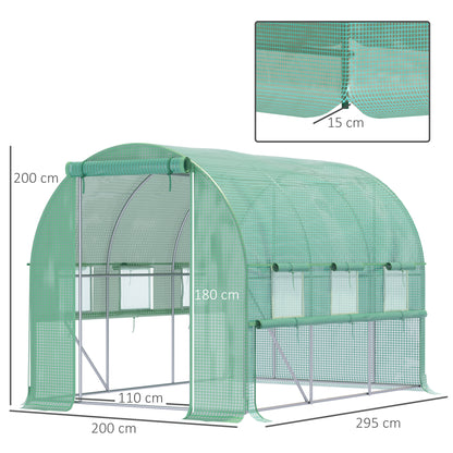 Tunnelkas – Kweekkas – Foliekas – Tomatenkas – Groentekas – Met Stabiel Stalen Frame – UV-Bescherming & Oprolbare Ventilatieramen – Groen – 295x200x200 cm
