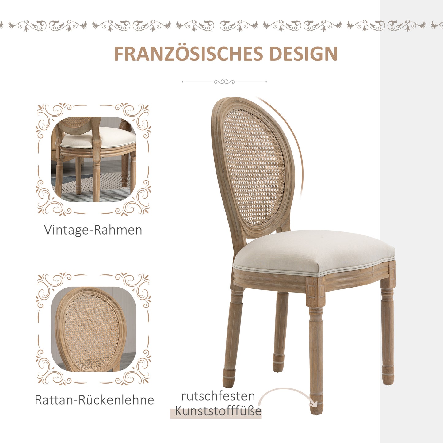 Eetkamerstoelen – Stoel – Keukenstoel – Zithoekstoel – Armstoel – Set van 2 – Rattan Rugleuning – Gestoffeerde Zitting Linnen Look – Massief Houten Poten – Anti-slip Voetjes – Hoog Zitcomfort – Max. 120 kg