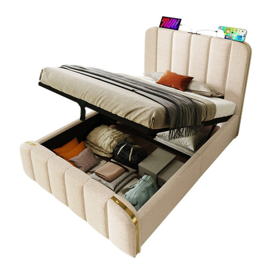 Upholstered Single Bed – Stofbed – Opbergbed – Bedframe – Slaapbank – 90x200cm – Hydraulische Opbergruimte – Gestoffeerd Beige Met Gouden Accent