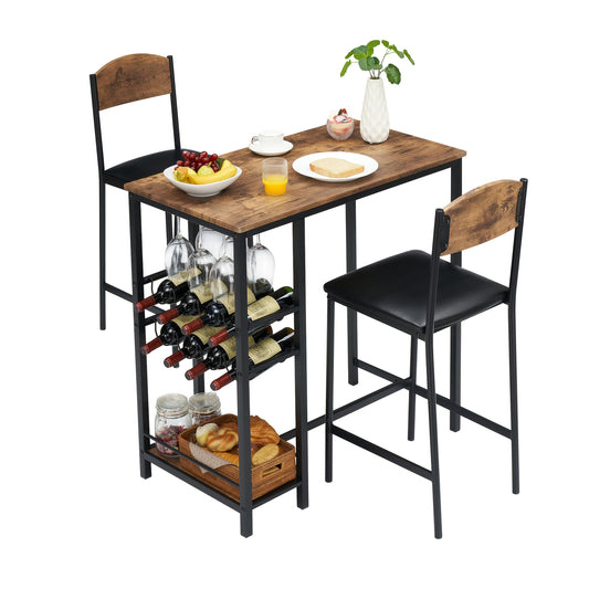 Eettafelset 2 Personen – Bartafelset – Barstoel Set – Bistroset – Bistro Tafelset – Vintage Design – Inclusief Wijnrek en Opbergplank – Compacte Afmeting 119 cm – Stoelen Met Voetsteunen en PU Leder