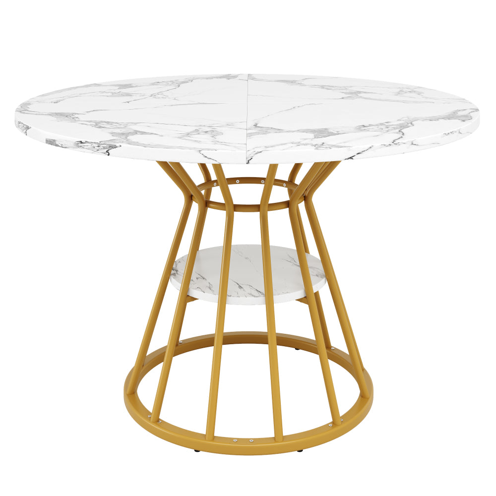 Eettafel – Eetkamertafel – Keukentafel – Ronde Tafel – Ontbijttafel – Rond Marmerprint Wit Blad – Gouden Metalen Poten – Ruimtebesparend – Duurzaam MDF & Metaal