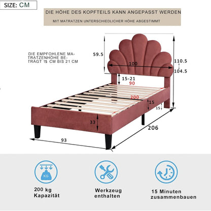 Eenpersoonsbed – Bedframe – Jongerenbed – Logeerbed – Kinderbed – Roze Fluwelen Hoofdbord – Stevig MDF Frame – 90x200 cm