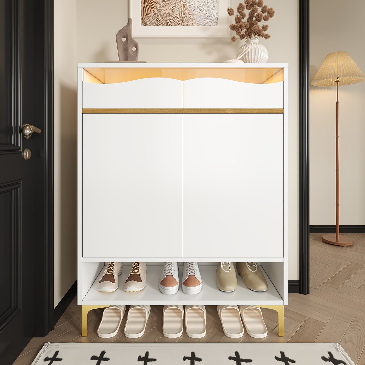 Schoenenkastje – Schoenenrek – Schoenenopberger – Schoenenkast – Schoenenhouder – Modern – Ruimtebesparend – Wit Metaal – Gouden Deur