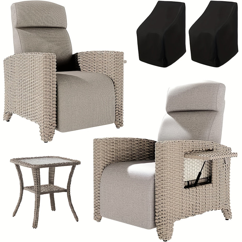 2pcs Brown PE Rattan Sofa Set with Coffee Table & Dust Cover - All-Weather Outdoor Furniture, 160° Flat Recline & Extendable Footrest, Cushioned Comfort, UV-Resistant Wicker Patio Lounge Set for Balcony, Garden, Poolside - E