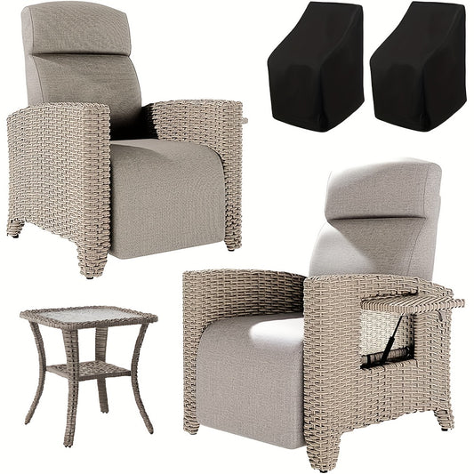 2pcs Brown PE Rattan Sofa Set with Coffee Table & Dust Cover - All-Weather Outdoor Furniture, 160° Flat Recline & Extendable Footrest, Cushioned Comfort, UV-Resistant Wicker Patio Lounge Set for Balcony, Garden, Poolside - E
