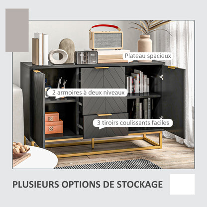 Buffet – Dressoir – Opbergkast – Sideboard – Zwarte houtlook met gouden accenten – Verstelbare planken en 3 schuifladen – Krasbestendig MDF – Anti-kantel veilig