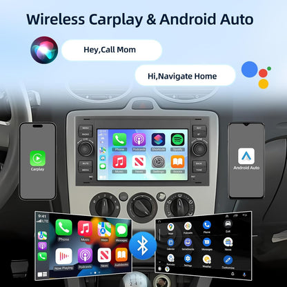 PODOFO 17.78 cm Android Car Stereo for Ford Transit, Fiesta, Focus, Galaxy, Mondeo, Fusion, Kuga, C-Max, S-Max | Wireless Carplay & Android Auto, 4+64GB, GPS, WiFi, 32EQ, Wireless 5.0, FM/RDS Radio, Universal Fit, Without Bat