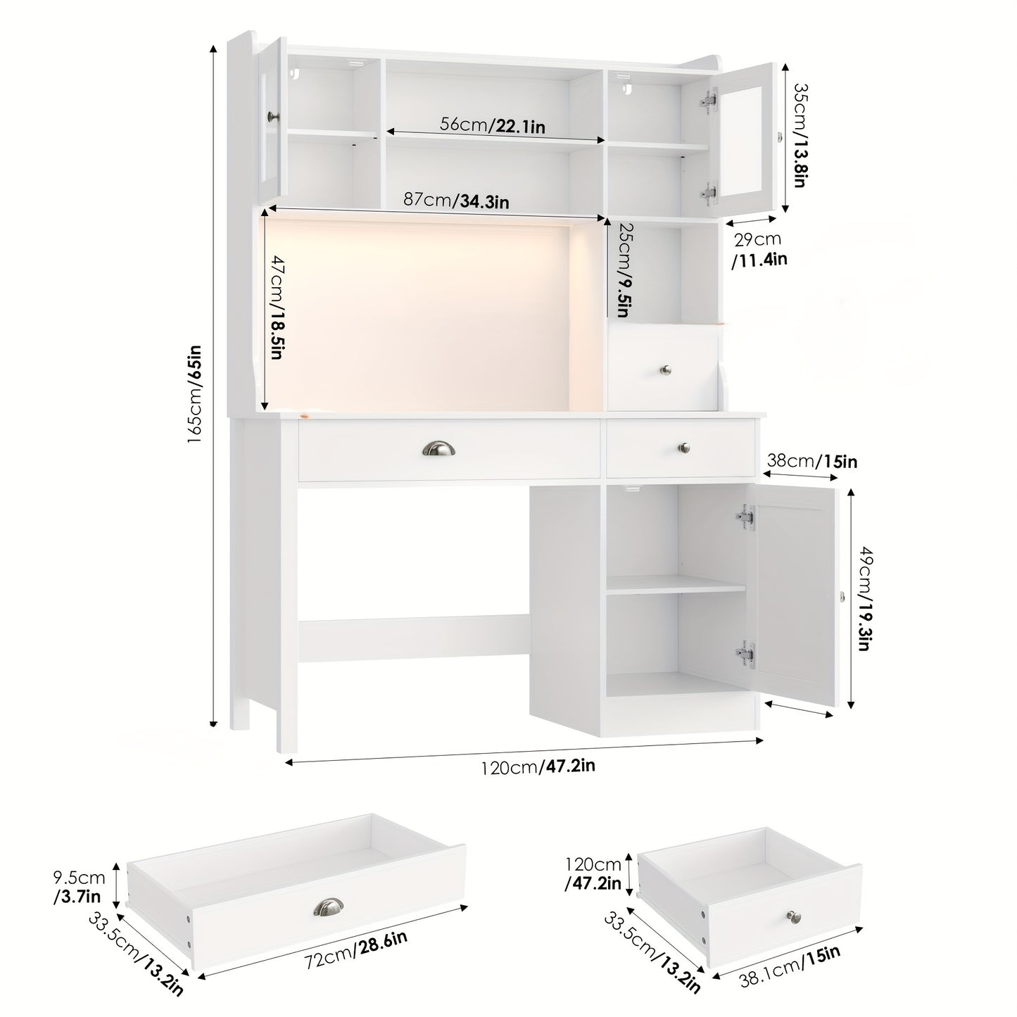 Wit Houten Bureau – Schrijftafel – Computertafel – Make-up Tafel – Werkplek Meubel – Met 3 Lades en 3 Deuren – Verstelbare Planken – Stevig en Ruim