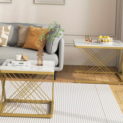 Salontafelset – Koffietafel – Bijzettafel – Woonkamertafel – Tafeltje – Glanzend Marmerlook – 2 Stuks Vierkant 60x60x45 & 45x45x40 cm – Verstelbare Poten, Max 30 kg Belastbaar