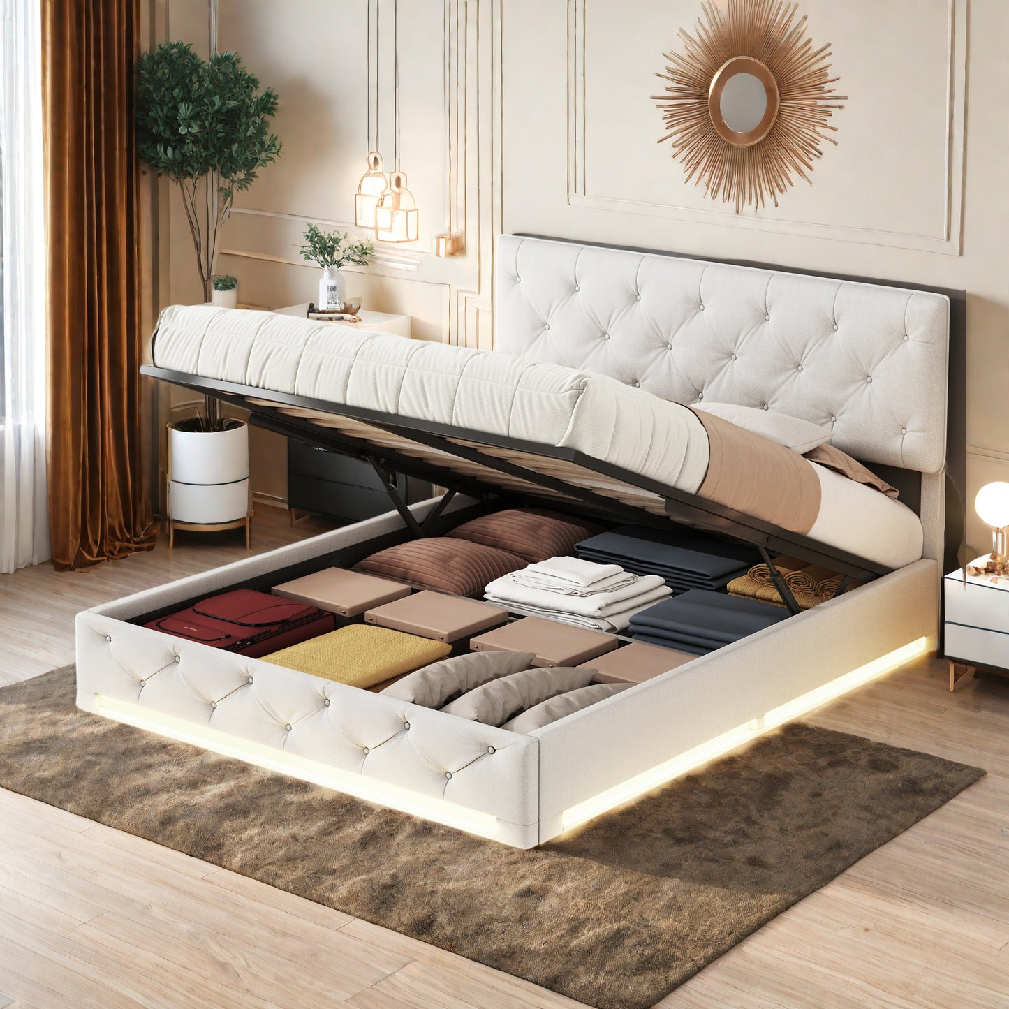 Opbergbed – Led Bed – Sleeplift Bed – Slaapbank – Bedkast – 160x200 cm – Linnen Hoofdeinde – USB Oplaadpoort