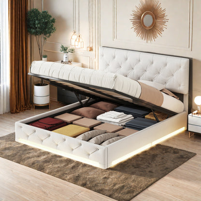 Opbergbed – Led Bed – Sleeplift Bed – Slaapbank – Bedkast – 160x200 cm – Linnen Hoofdeinde – USB Oplaadpoort