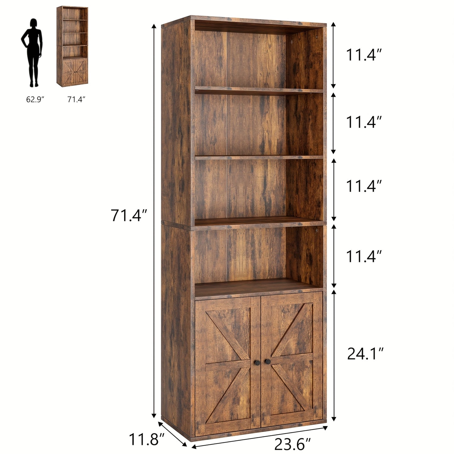 Boekenkast – Boekenrek – Open Kast – Vakkenkast – Opbergrek – Wit Hout – 6 Vakken Met Deuren – Robuust Hardhout – Vrijstaand – Eenvoudige Montage