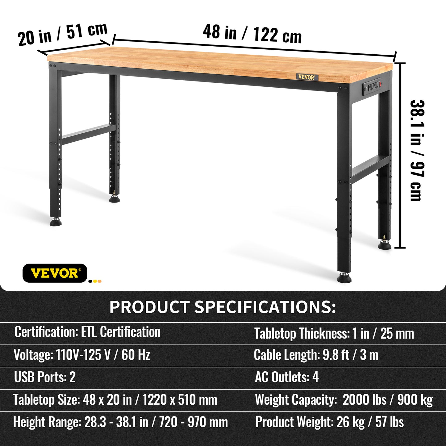 Werkbank – Werktafel – Klusbank – Werkplek – Verstelbare Hoogte – Massief Houten Blad 48"x20" – Stopcontacten en USB Poorten