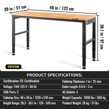 Werkbank – Werktafel – Klusbank – Werkplek – Verstelbare Hoogte – Massief Houten Blad 48"x20" – Stopcontacten en USB Poorten