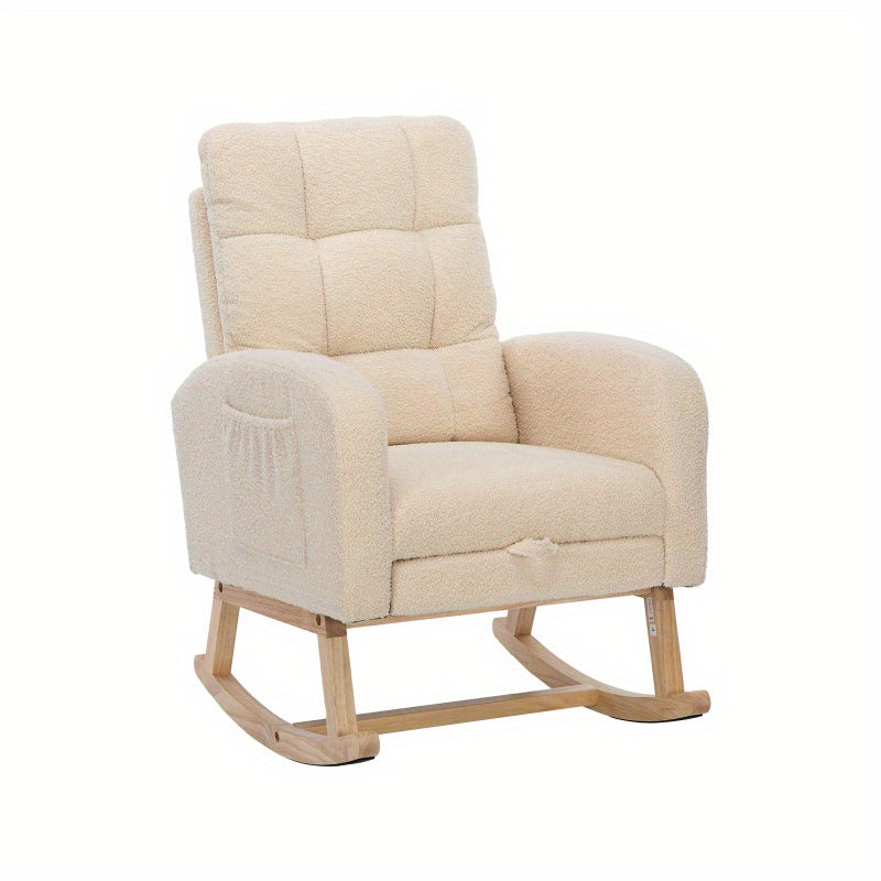 Schommelstoel – Relaxstoel – Fauteuil – Voedingsstoel – Loungestoel – Teddy Stof Bekleding – Stevig Houten Frame – 132x50x99 cm – Beige