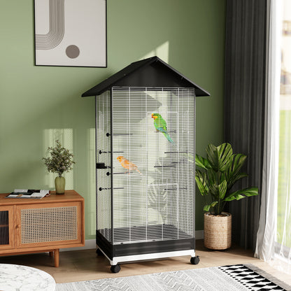 Vogelkooi – Vogelkooi Op Standaard – Vogelkooi Op Wielen – Vogelkooi Binnen – Vogelkooi Met Lade – Ruime Binnenkooiverdeling – Inclusief 2 Voeders En 8 Zithokken – Stalen Draad Zwart – 79x65x155 cm