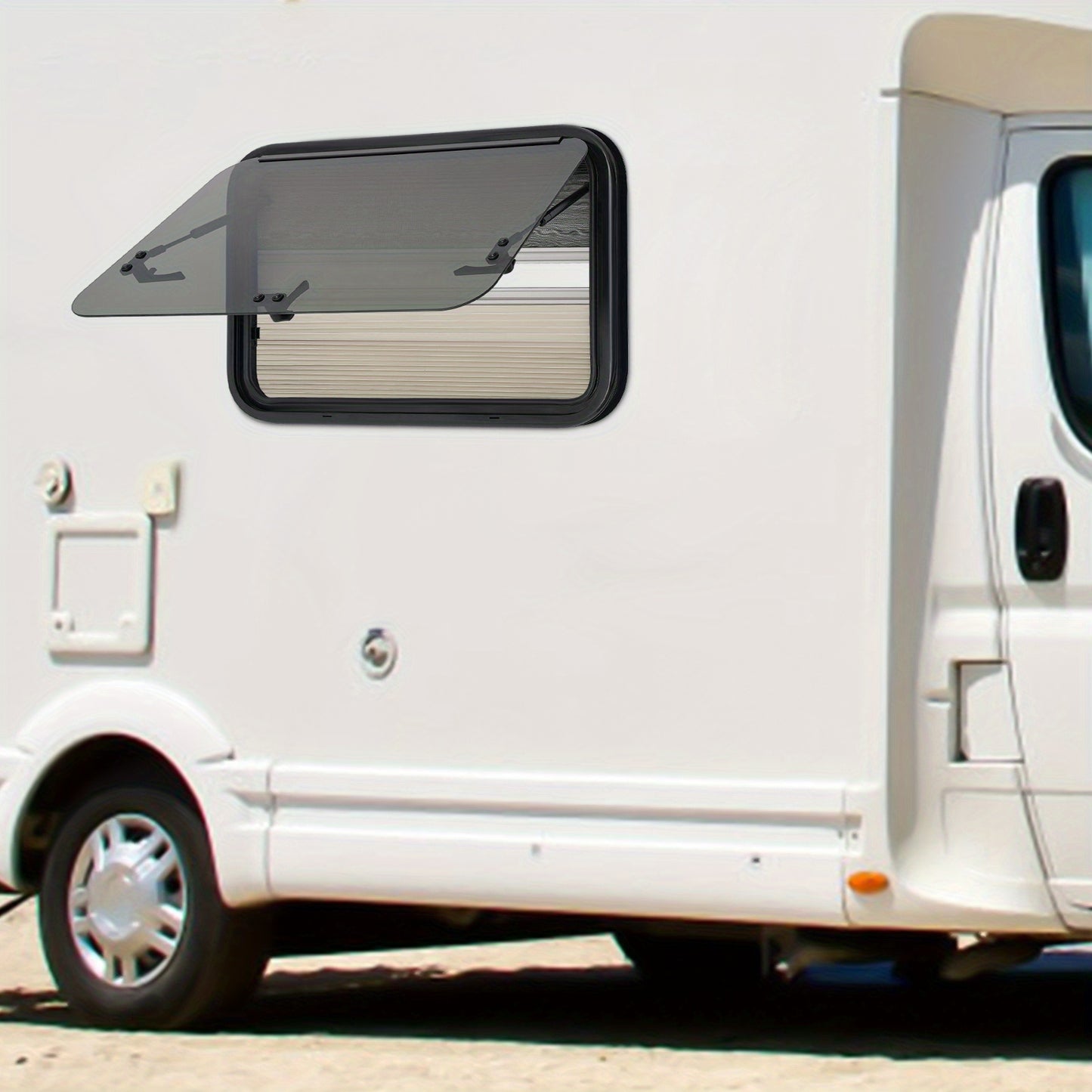 Schuifraam Caravan – Raam Camper – Ventilatieraam – Inzethor – Zonneluifel – Aluminium Frame – 85° Openstand – Geïntegreerd Hor en Zonwering Zwart