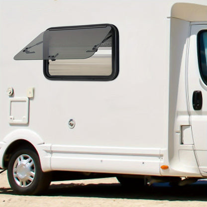 Schuifraam Caravan – Raam Camper – Ventilatieraam – Inzethor – Zonneluifel – Aluminium Frame – 85° Openstand – Geïntegreerd Hor en Zonwering Zwart