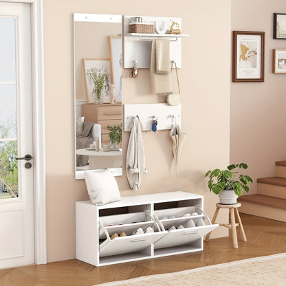 4pcs White Modern Classic Entryway Hallway Wardrobe Set with Mirror, 2 Hat Racks, Shoe Cabinet & 6 Coat Hooks - Space-Saving Compact Storage Cabinet with Doors, Easy Assembly, Floor-Standing Design for Small Spaces, Apartment
