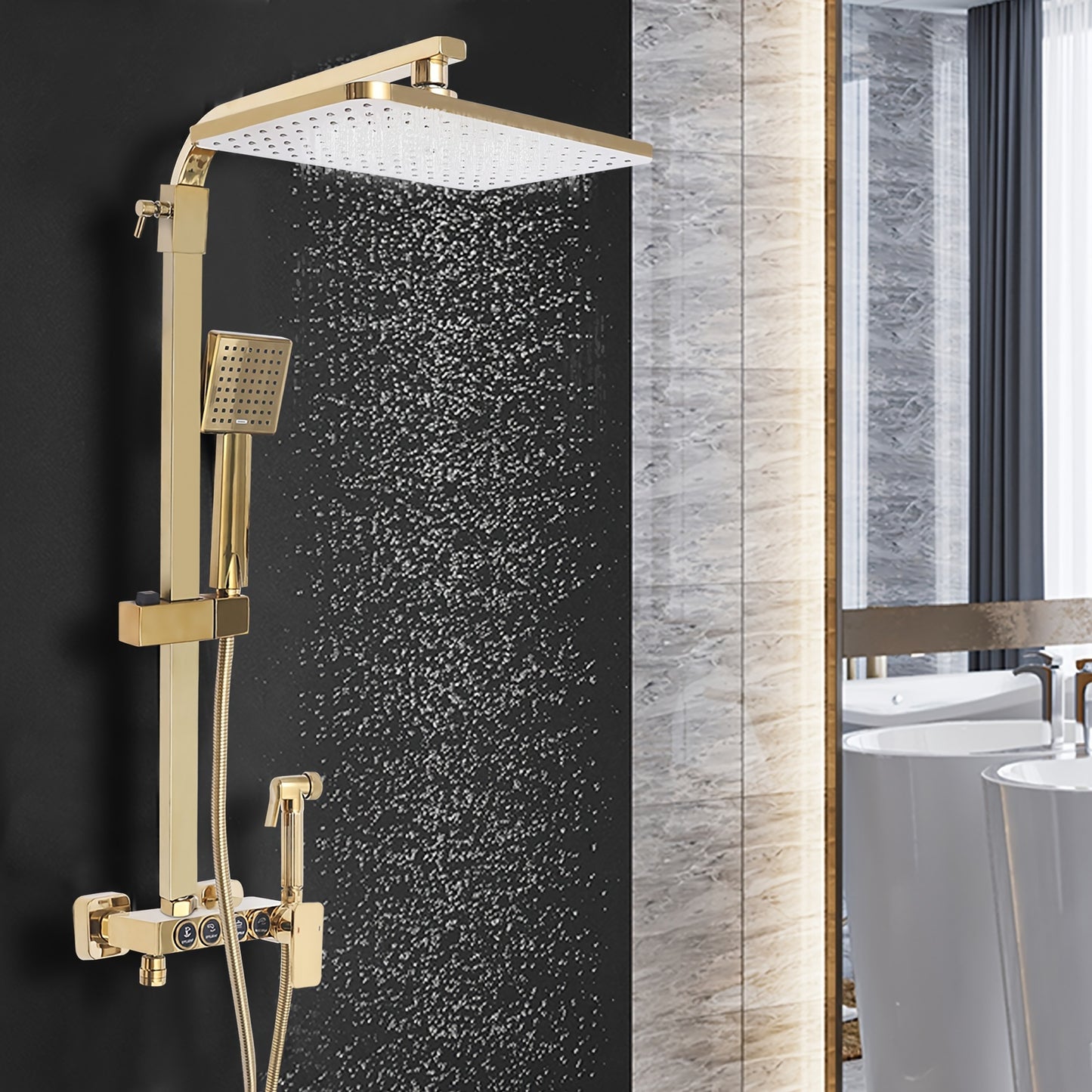 Douche Systeem – Douche Set – Complete Douche Set – Badkamer Douche – Regendouche – Gouden 4-in-1 Douche Systeem – 22,86x22,86 cm Regendouche – Messing Duurzaam