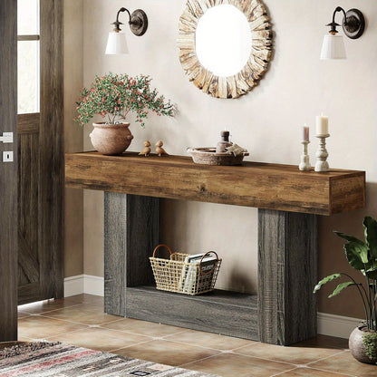 Sidetable – Wandtafel – Consoletafel – Haltafel – Bijzettafel – Landelijke Rustieke Stijl – 160x30x82 cm – Houten Twee Niveaus