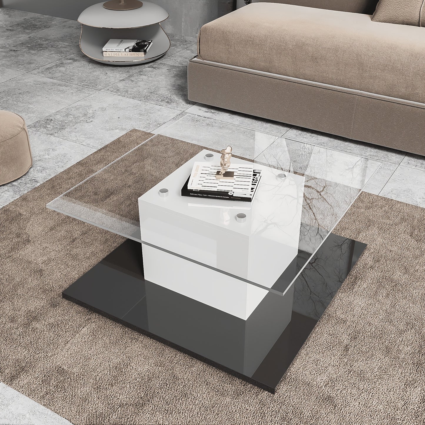 Coffee Table, Living Room Side Table, High-Gloss Glass Coffee Table, Mobile Coffee Table with Swivel Wheels, White