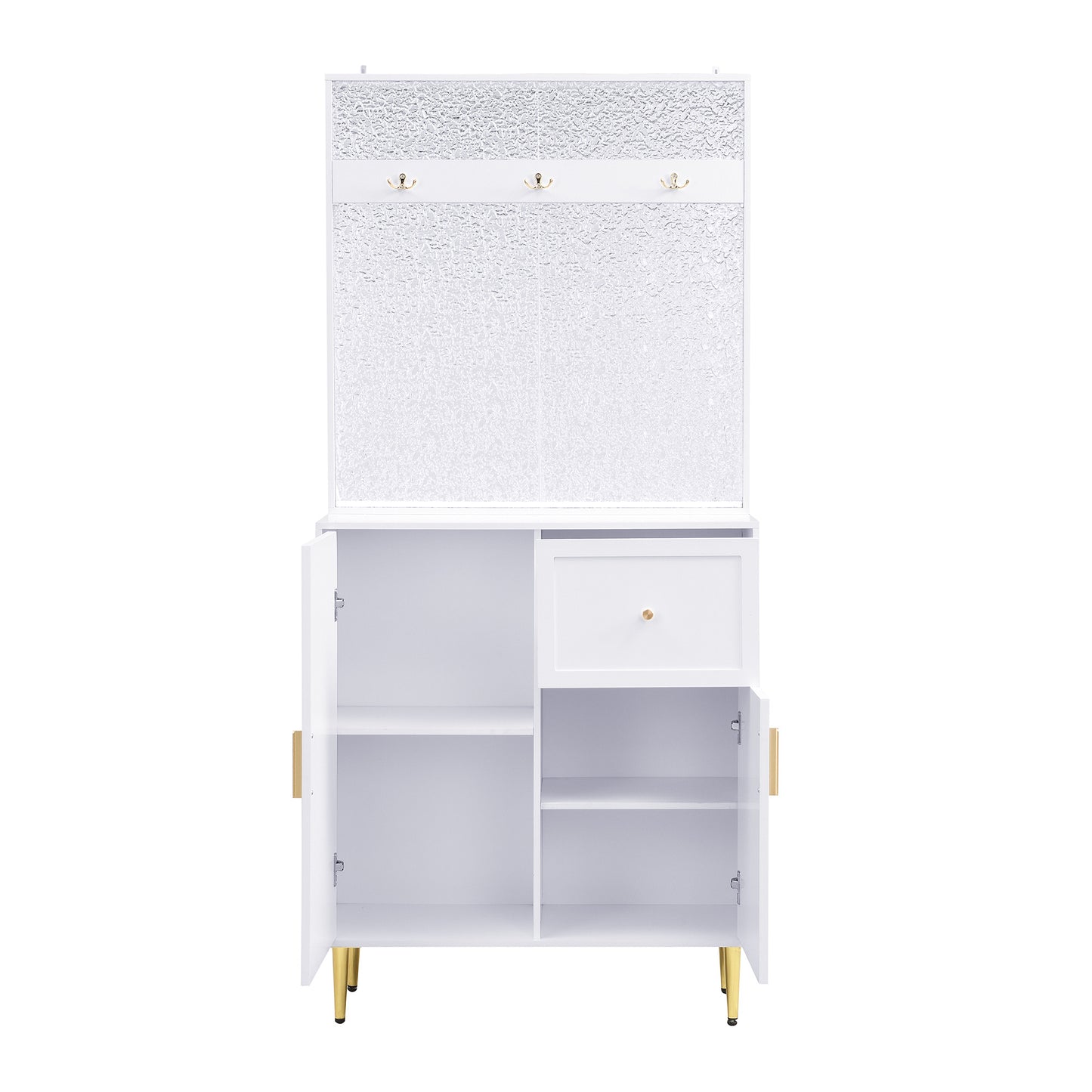 BTM Compact Wardrobe Hall Cabinet in White with Adjustable Shelves, Soft-Close Hinges, Hook Rail, Arched Doors, and Gold Metal Legs, Modern Hall Furniture 80×175.5×35 cm