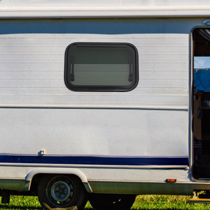 Caravanraam – Uitzetraam – Camperraam – Trailerraam – Ventilatieraam – Aluminiumlegering & gehard glas – Insectengaas en zonwering inbegrepen – 50x35 cm – Wit/Zwart