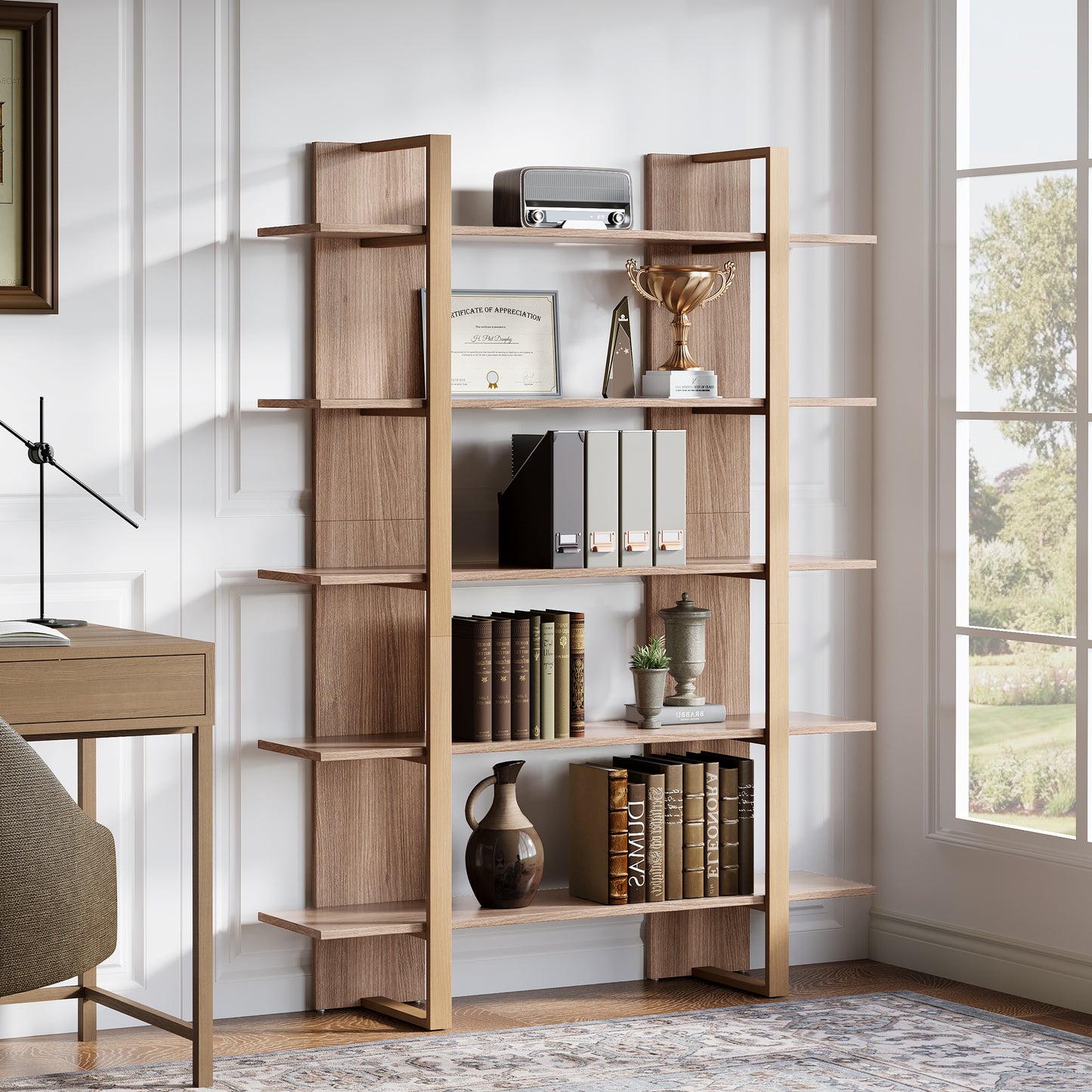 Boekenkast – Boekenplank – Opbergkast – Vakkenkast – Roomdivider – Retro Bruin – 5 Laags – MDF Metalen Frame – Stevig & Ruim