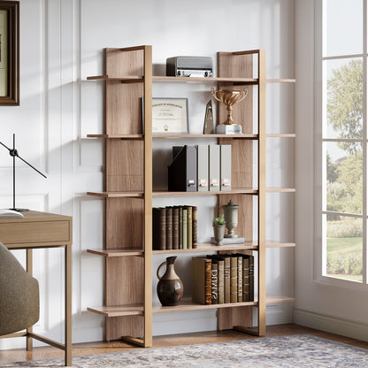Boekenkast – Boekenplank – Opbergkast – Vakkenkast – Roomdivider – Retro Bruin – 5 Laags – MDF Metalen Frame – Stevig & Ruim