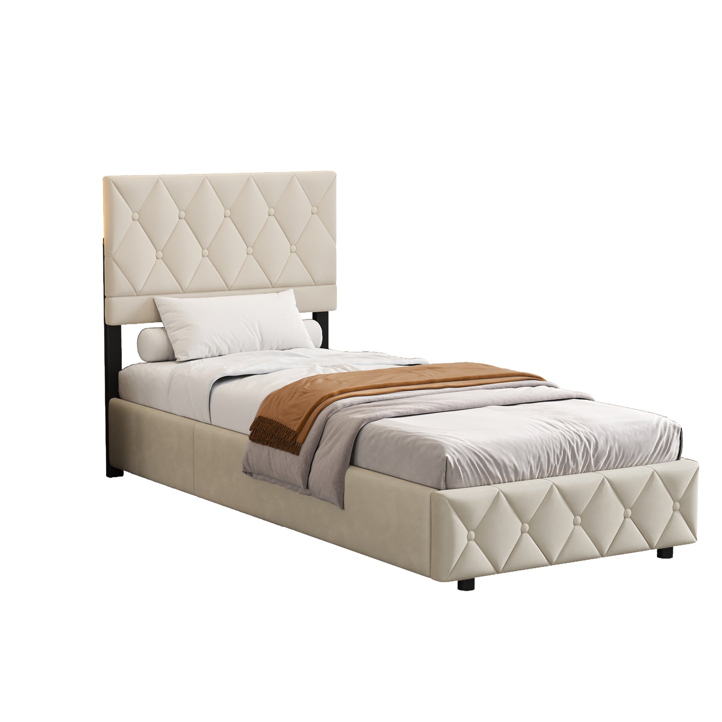Boxspringbed – Boxspring – Tweepersoonsbed – Opbergbed – Slaapbank – Hydraulische Opbergruimte – Button-Tufted Hoofdbord – 90x200 cm Beige